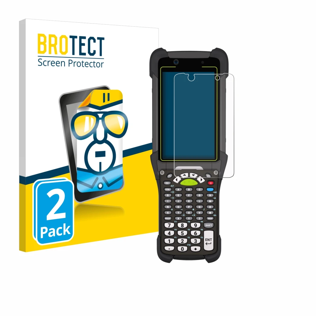 Face avant d’un emballage produit avec le logo de la marque BROTECT. À côté, l’appareil Zebra MC9400 est représenté avec la pr