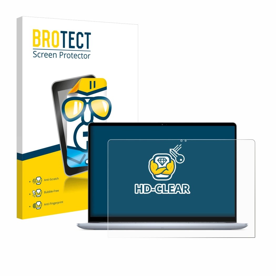 Face avant d’un emballage produit avec le logo de la marque BROTECT. À côté, l’appareil Dell Inspiron 16 7640 2-in-1 est repré