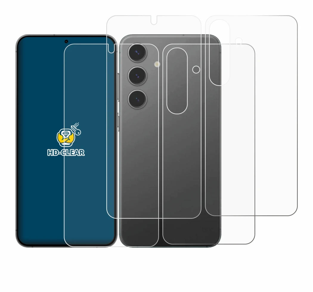 Image de l'appareil Samsung Galaxy S24 (Avant+Arrière) avec une grande variété de protections d'écran.