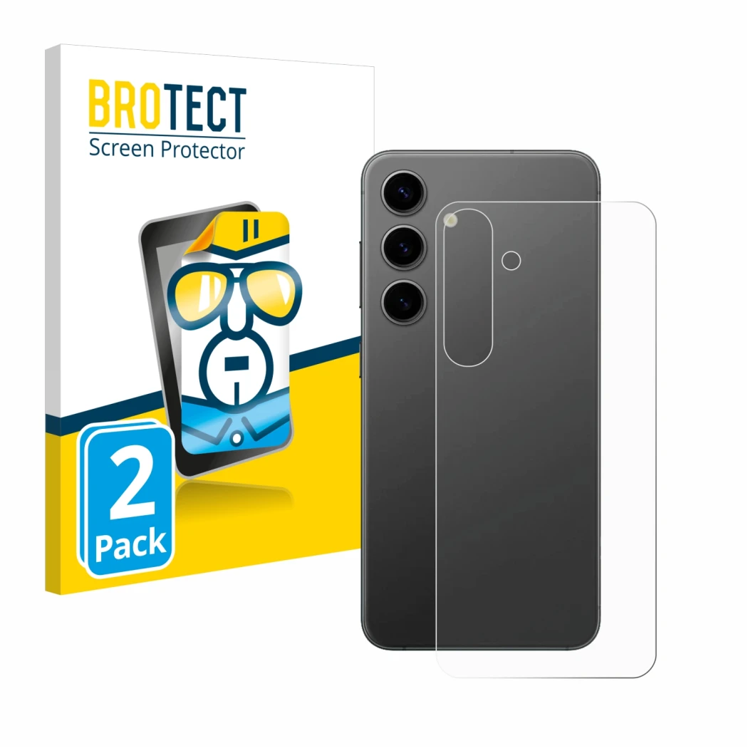 Face avant d’un emballage produit avec le logo de la marque BROTECT. À côté, l’appareil Samsung Galaxy S24 Plus (Arrière) est 