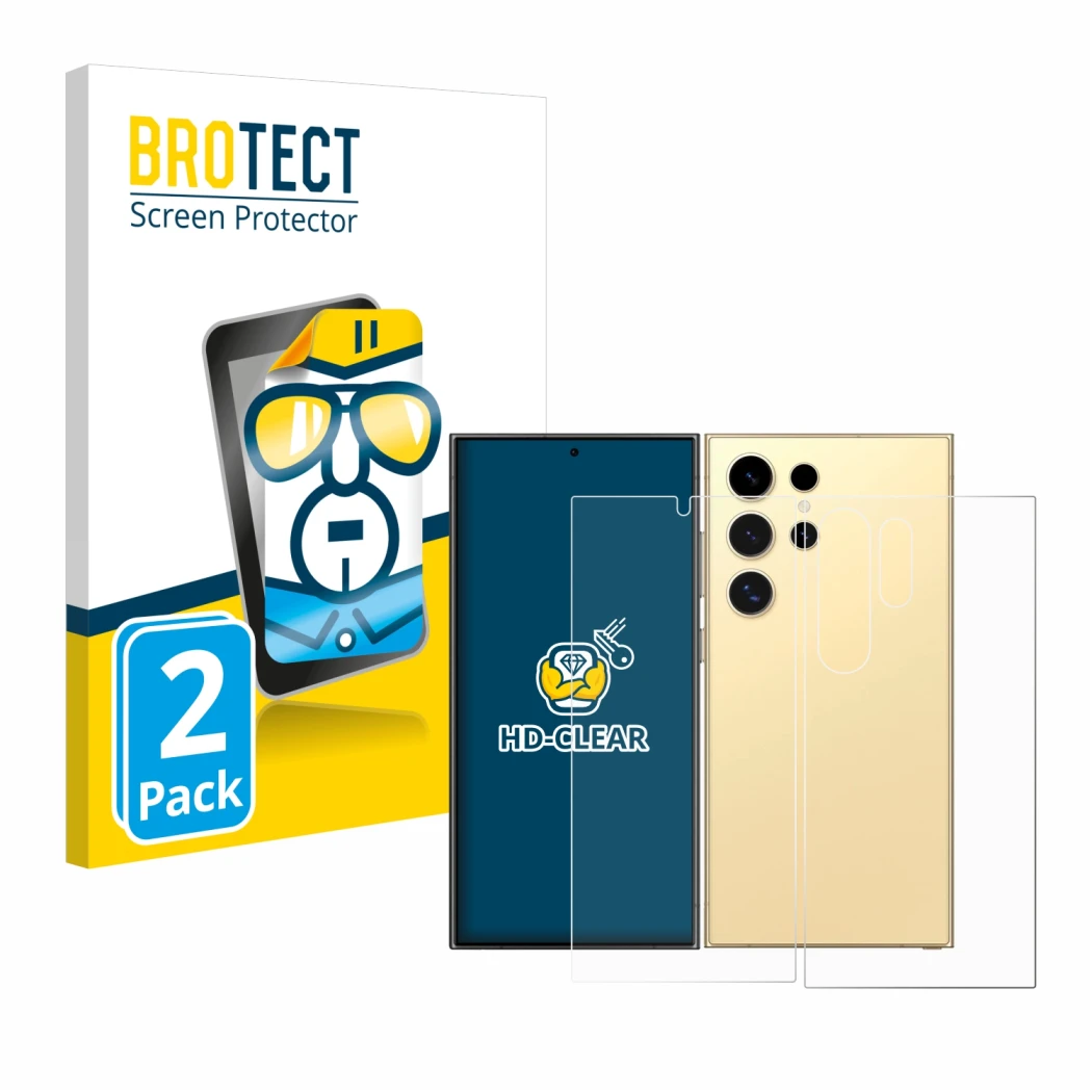 Face avant d’un emballage produit avec le logo de la marque BROTECT. À côté, l’appareil Samsung Galaxy S24 Ultra (case-friendl
