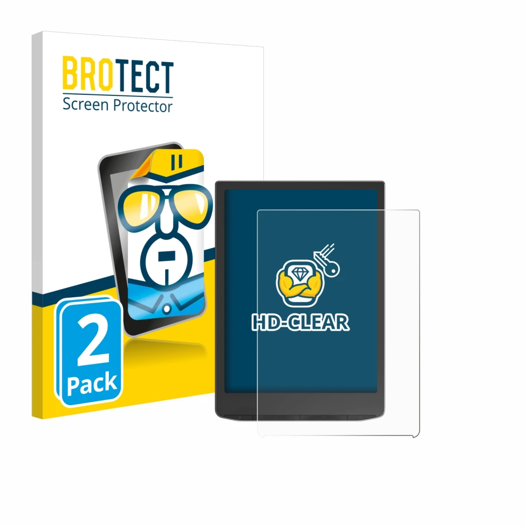 Face avant d’un emballage produit avec le logo de la marque BROTECT. À côté, l’appareil Vivlio InkPad 4 est représenté avec la