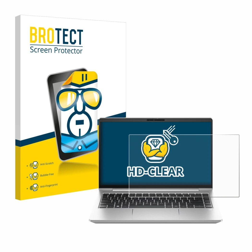 Face avant d’un emballage produit avec le logo de la marque BROTECT. À côté, l’appareil HP ProBook 440 G10 est représenté avec