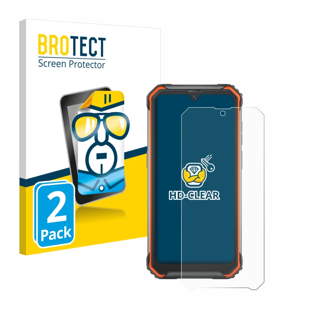 Face avant d’un emballage produit avec le logo de la marque BROTECT. À côté, l’appareil Blackview BV7200 est représenté avec l