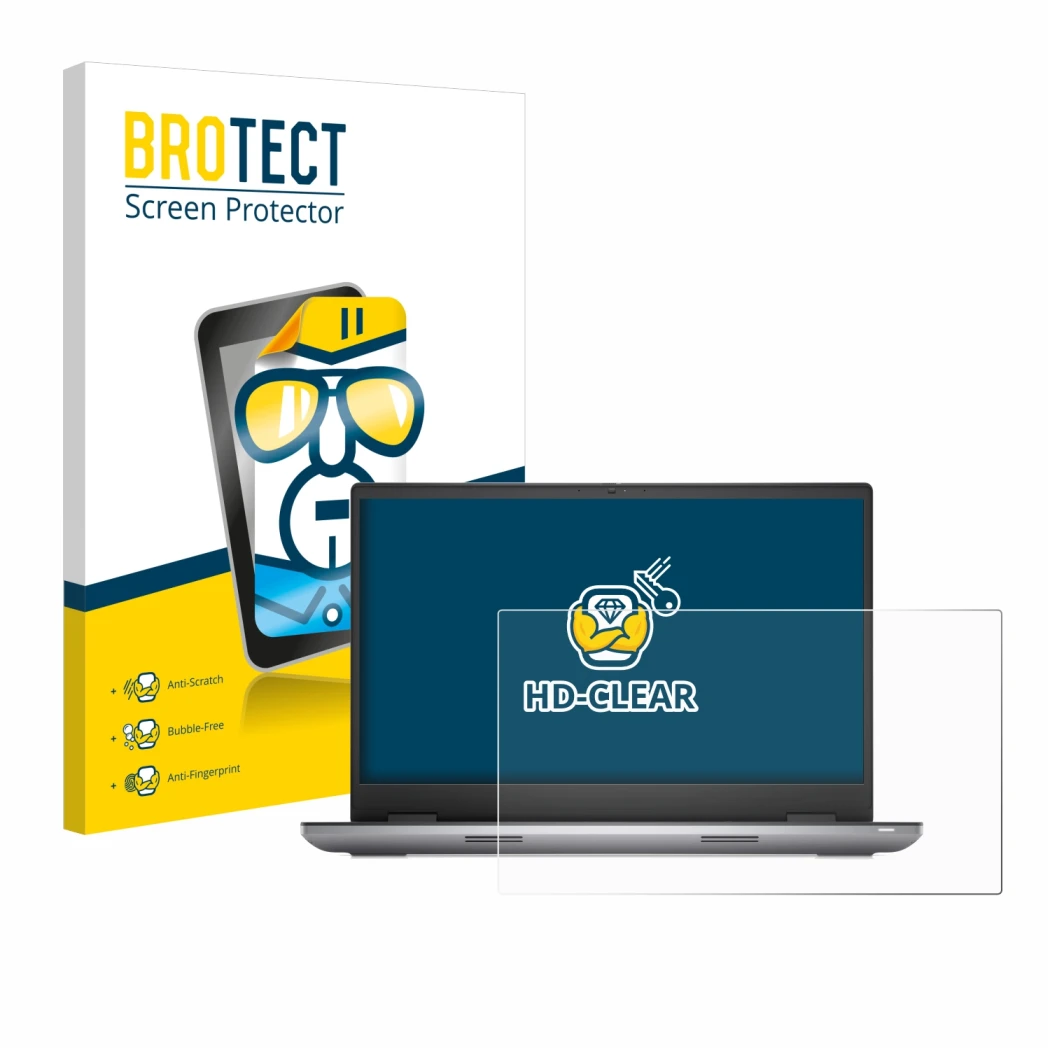 Face avant d’un emballage produit avec le logo de la marque BROTECT. À côté, l’appareil Dell Precision 7780 est représenté ave