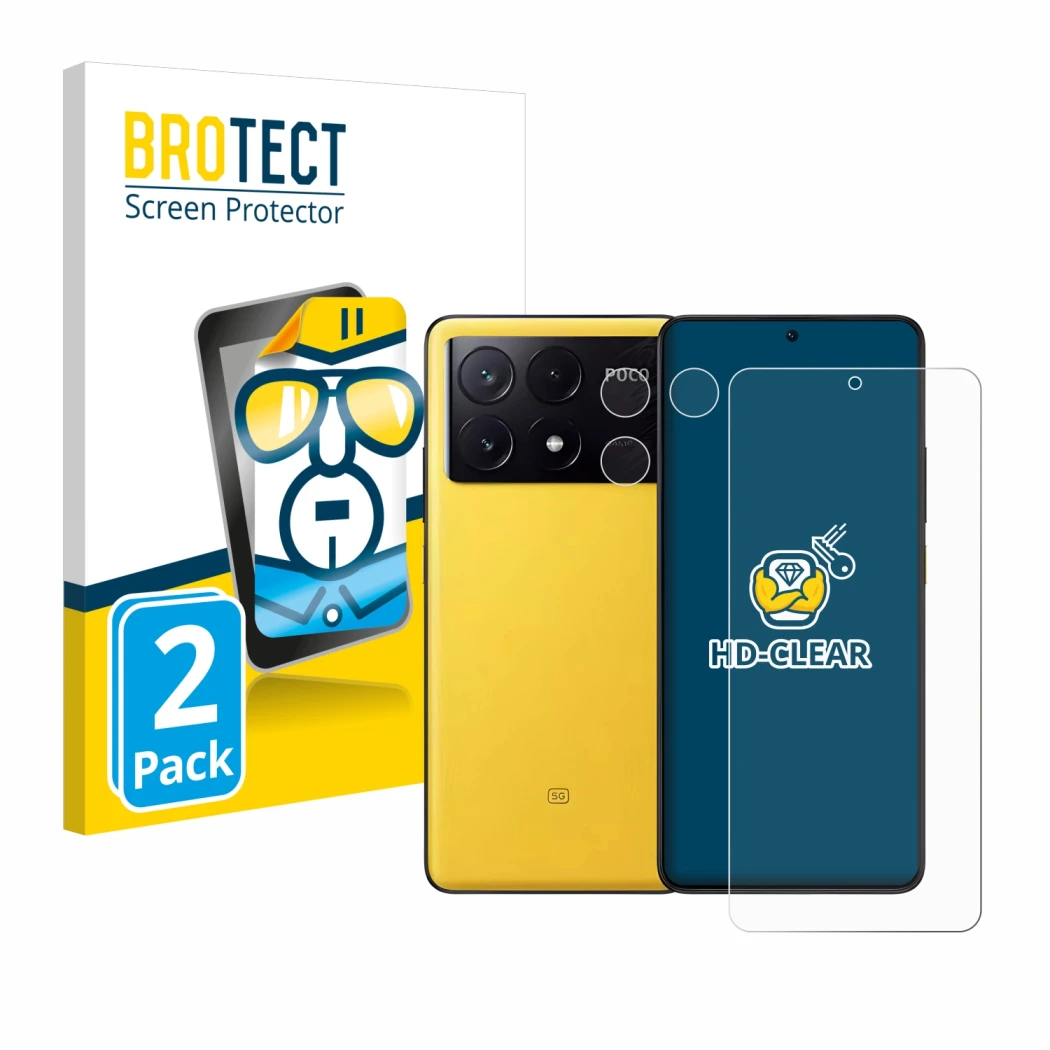 Face avant d’un emballage produit avec le logo de la marque BROTECT. À côté, l’appareil Xiaomi Poco X6 Pro (Avant+Caméra) est 