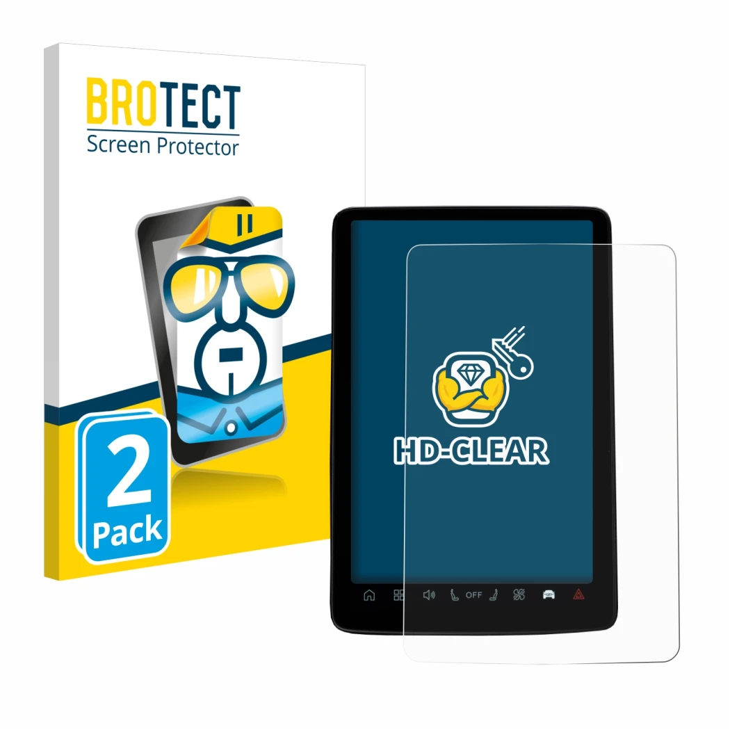 Face avant d’un emballage produit avec le logo de la marque BROTECT. À côté, l’appareil Volvo EX30 12.3