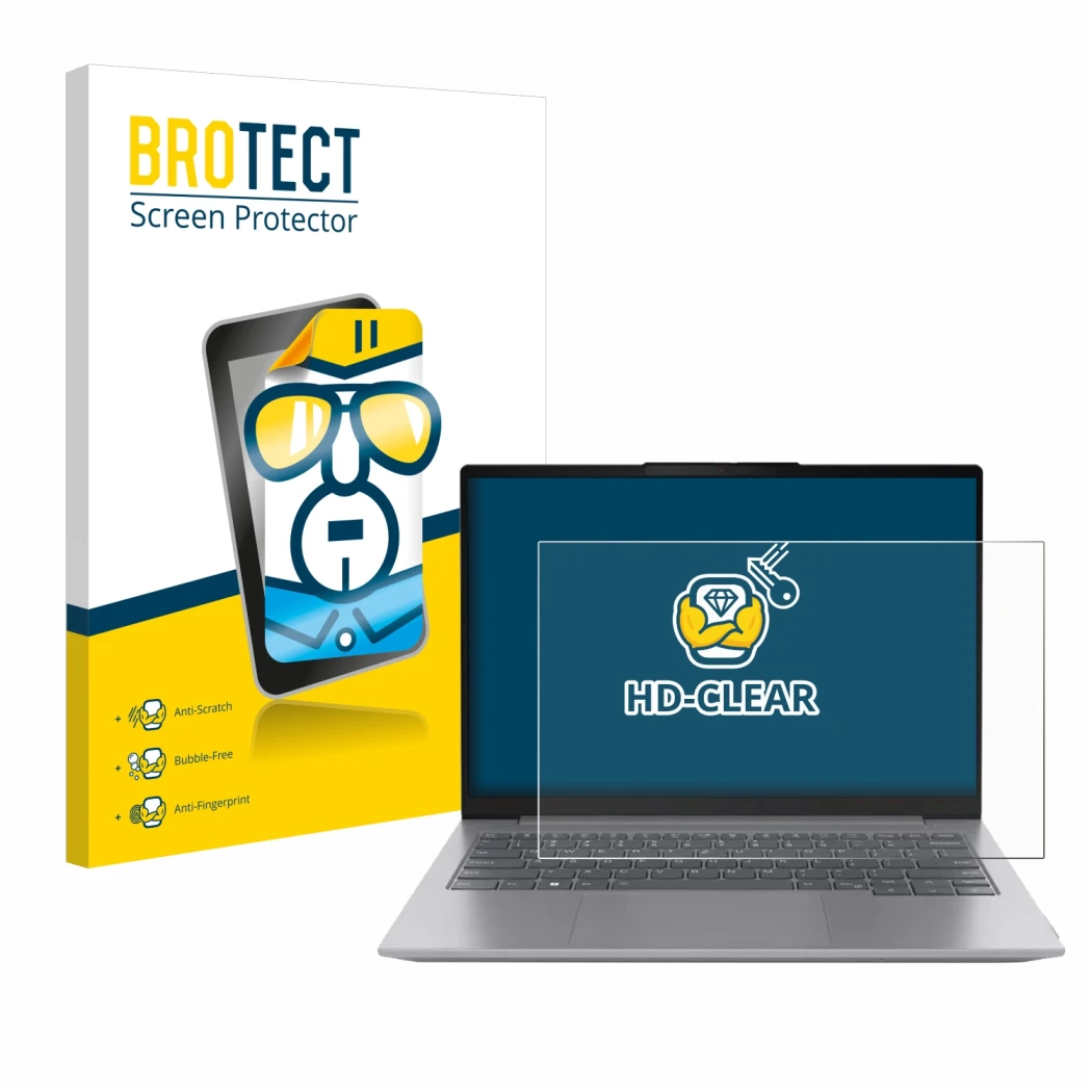 Face avant d’un emballage produit avec le logo de la marque BROTECT. À côté, l’appareil Lenovo ThinkBook 16 Gen 6 est représen