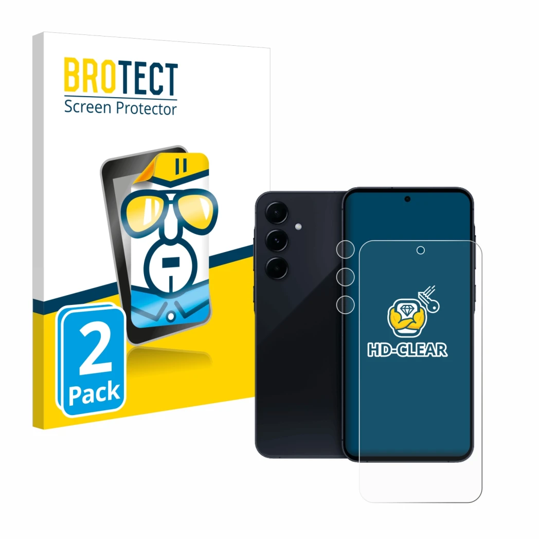 Face avant d’un emballage produit avec le logo de la marque BROTECT. À côté, l’appareil Samsung Galaxy A55 5G (Avant+Caméra) e