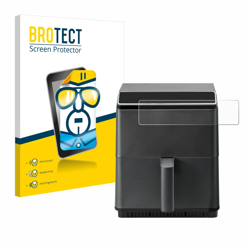 Face avant d’un emballage produit avec le logo de la marque BROTECT. À côté, l’appareil Cosori CAF-P583S est représenté avec l