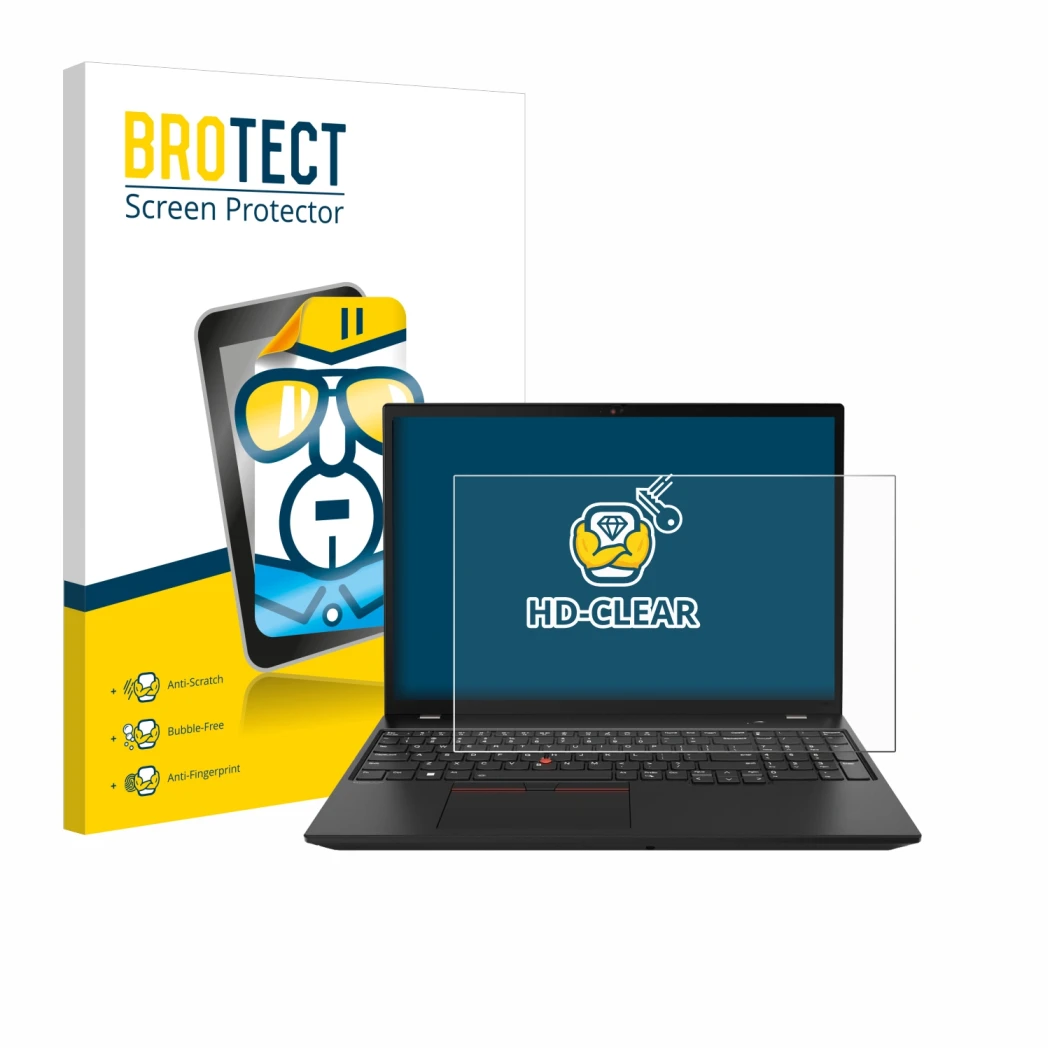 Face avant d’un emballage produit avec le logo de la marque BROTECT. À côté, l’appareil Lenovo ThinkPad P16s Gen 2 est représe