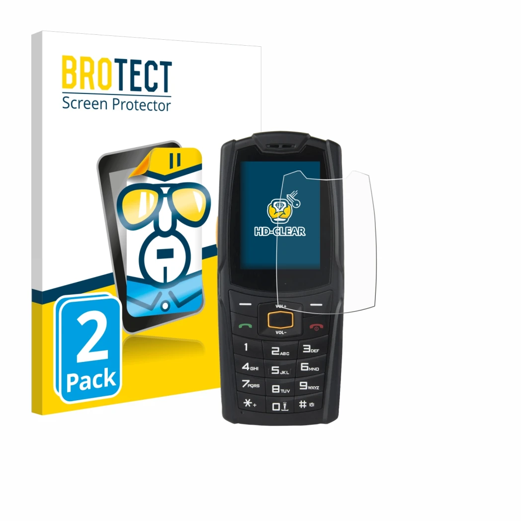 Face avant d’un emballage produit avec le logo de la marque BROTECT. À côté, l’appareil AGM M6 est représenté avec la protecti