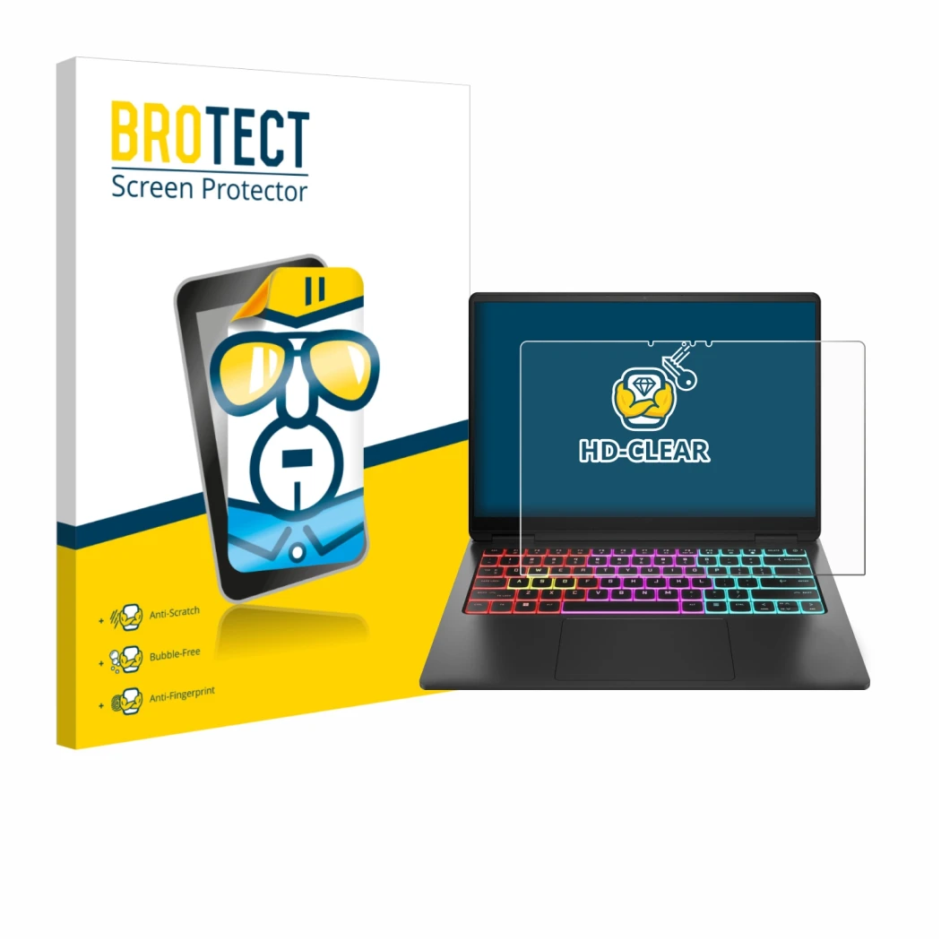 Face avant d’un emballage produit avec le logo de la marque BROTECT. À côté, l’appareil HP Omen Transcend 14 est représenté av