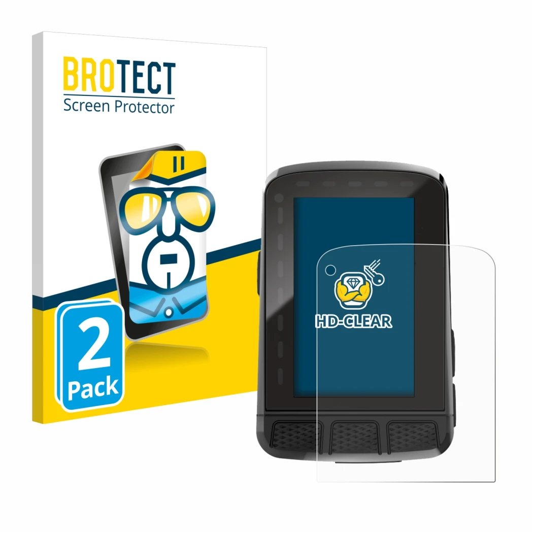 Face avant d’un emballage produit avec le logo de la marque BROTECT. À côté, l’appareil Wahoo Elemnt Roam V2 GPS est représent