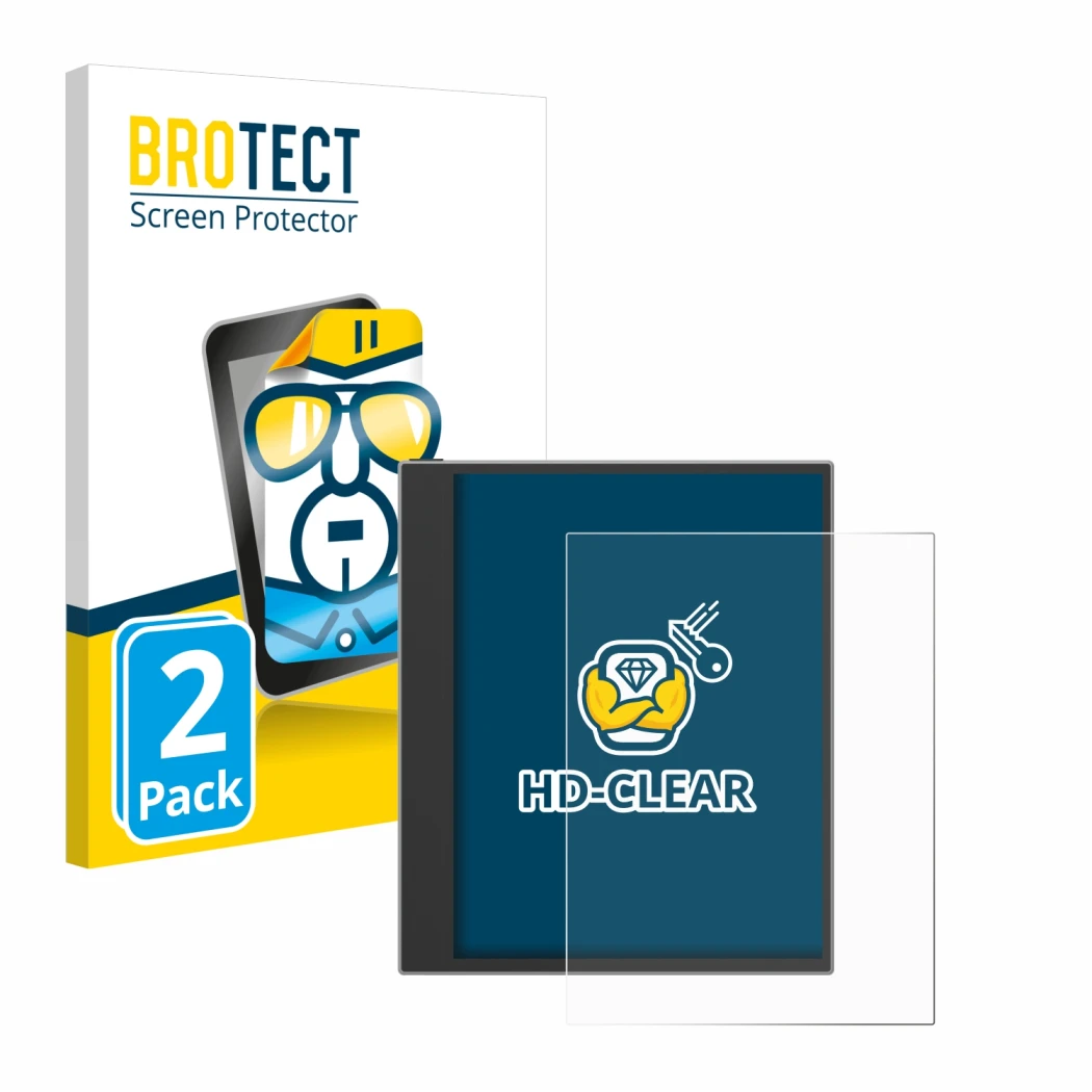 Face avant d’un emballage produit avec le logo de la marque BROTECT. À côté, l’appareil PocketBook InkPad Eo (2024) est représ