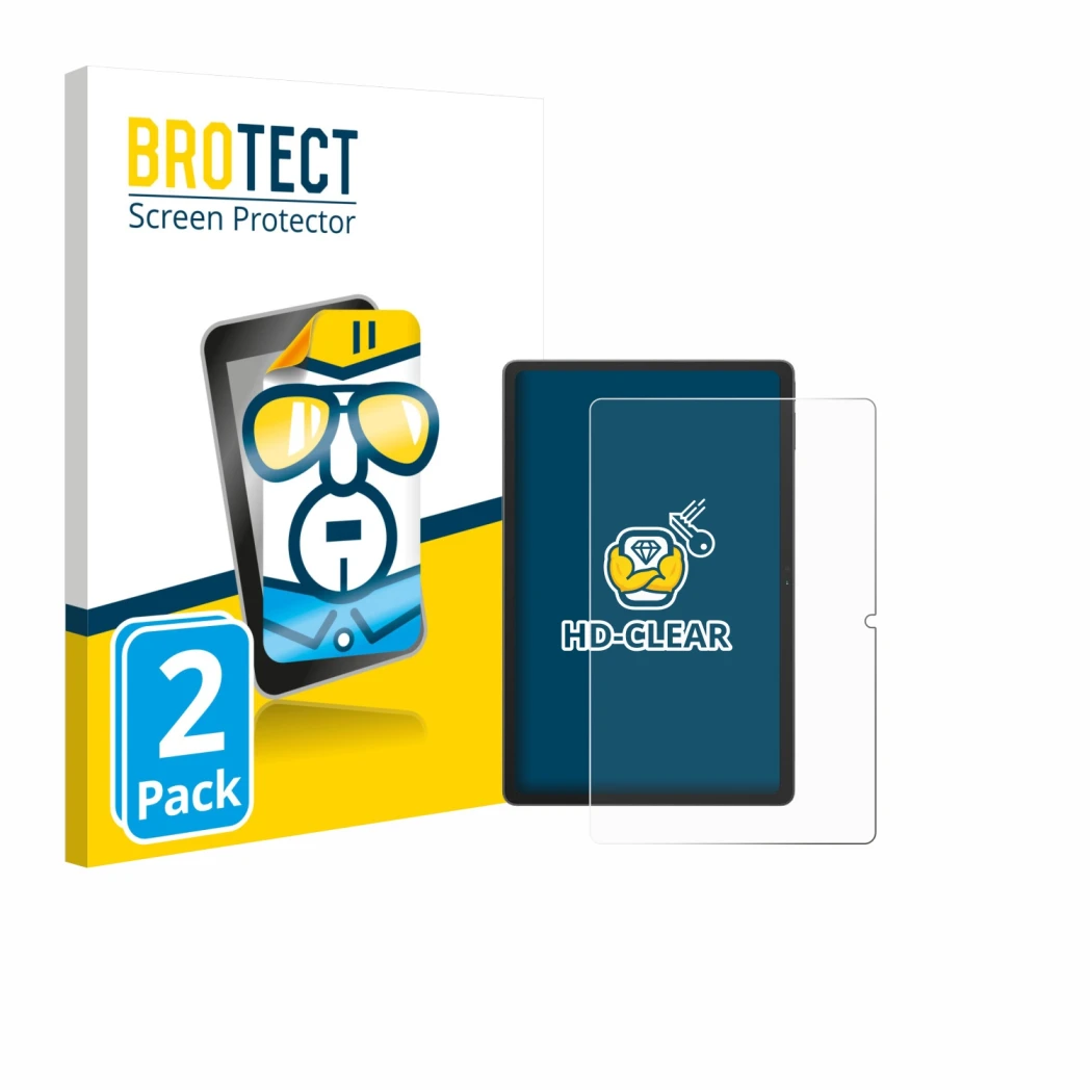 Face avant d’un emballage produit avec le logo de la marque BROTECT. À côté, l’appareil Blackview Tab 16 Pro est représenté av