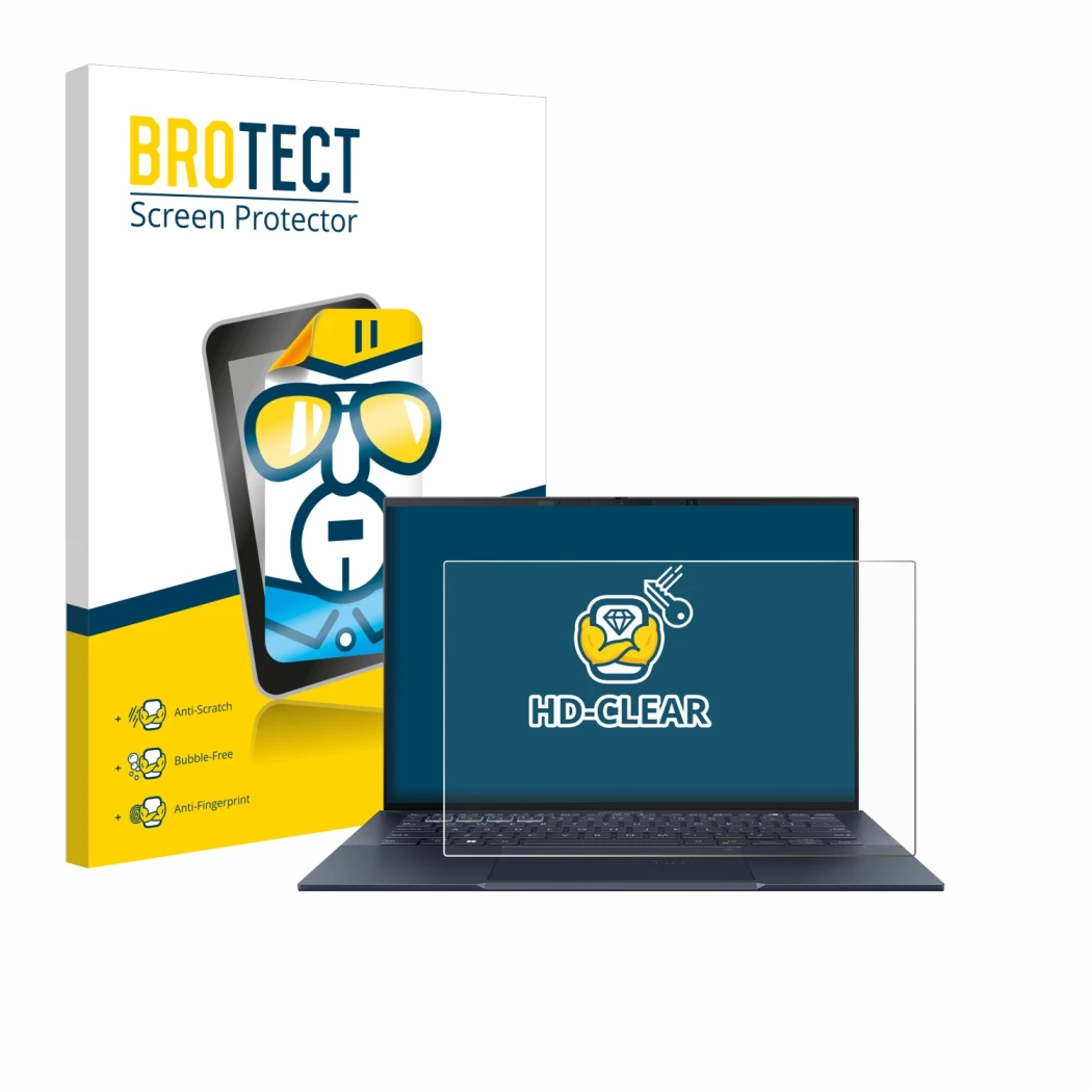 Face avant d’un emballage produit avec le logo de la marque BROTECT. À côté, l’appareil ASUS ExpertBook B9 B9403 est représent