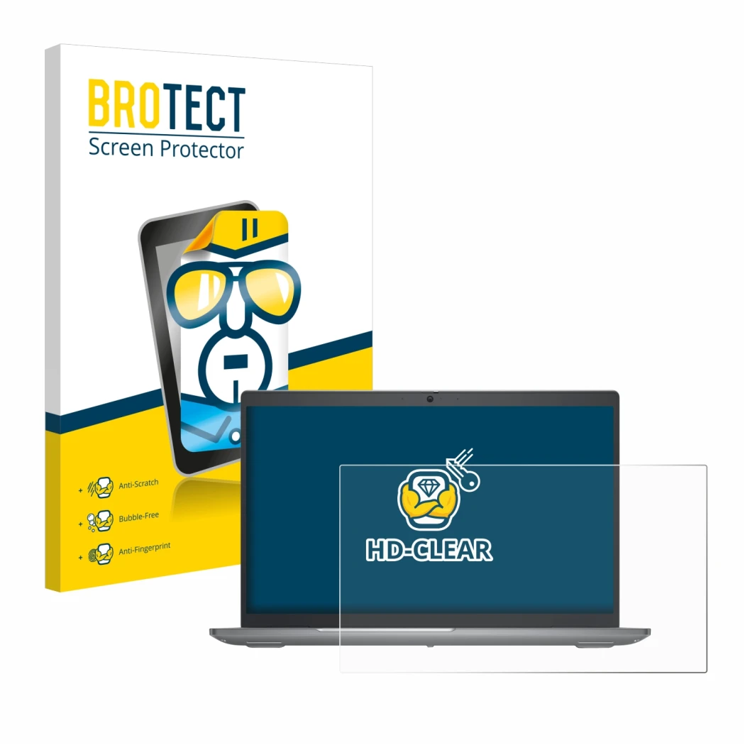Face avant d’un emballage produit avec le logo de la marque BROTECT. À côté, l’appareil Dell Precision 3590 Workstation est re