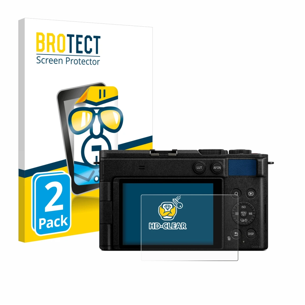Face avant d’un emballage produit avec le logo de la marque BROTECT. À côté, l’appareil Panasonic Lumix DC-S9 est représenté a