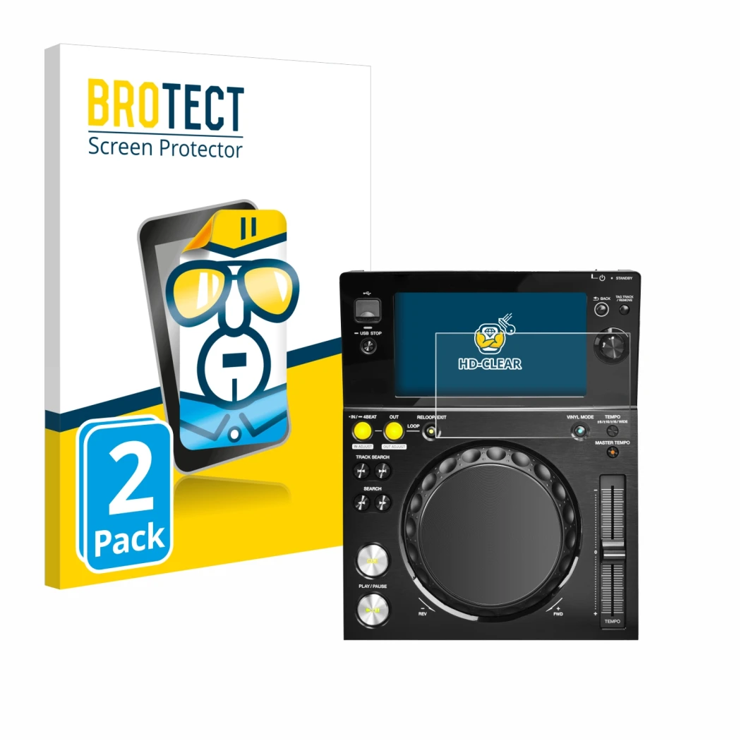 Face avant d’un emballage produit avec le logo de la marque BROTECT. À côté, l’appareil Pioneer XDJ -700 est représenté avec l