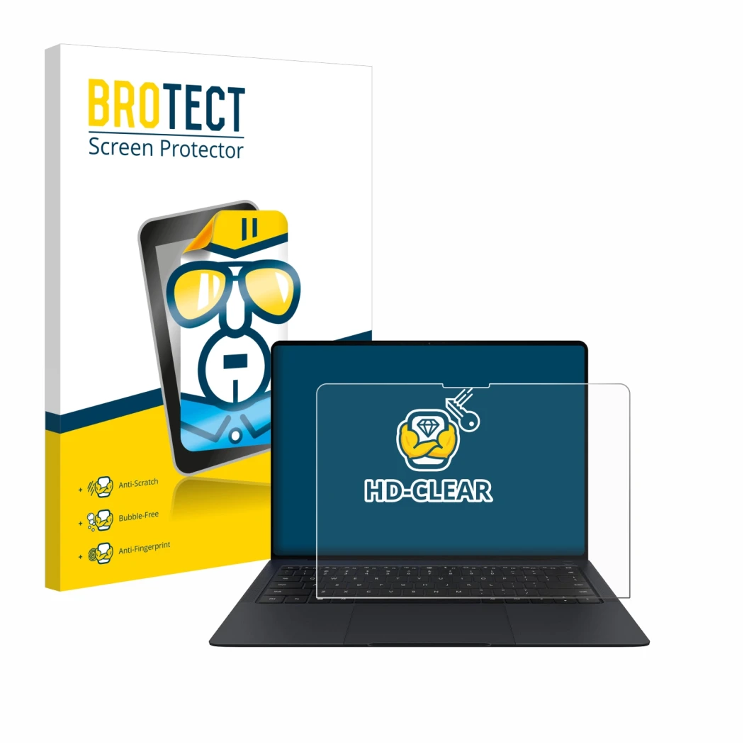 Face avant d’un emballage produit avec le logo de la marque BROTECT. À côté, l’appareil Huawei MateBook X Pro 2024 est représe