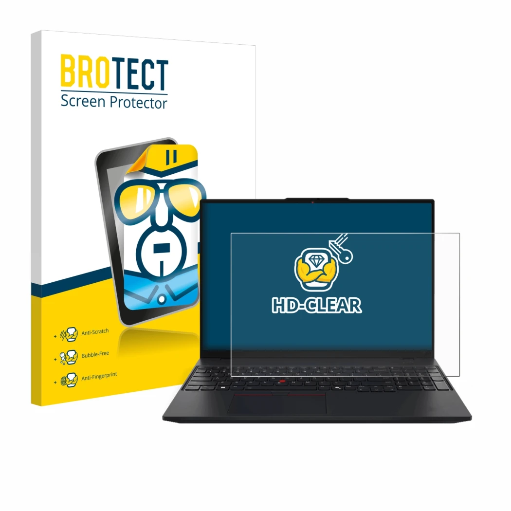 Face avant d’un emballage produit avec le logo de la marque BROTECT. À côté, l’appareil Lenovo ThinkPad L16 Gen 1 est représen