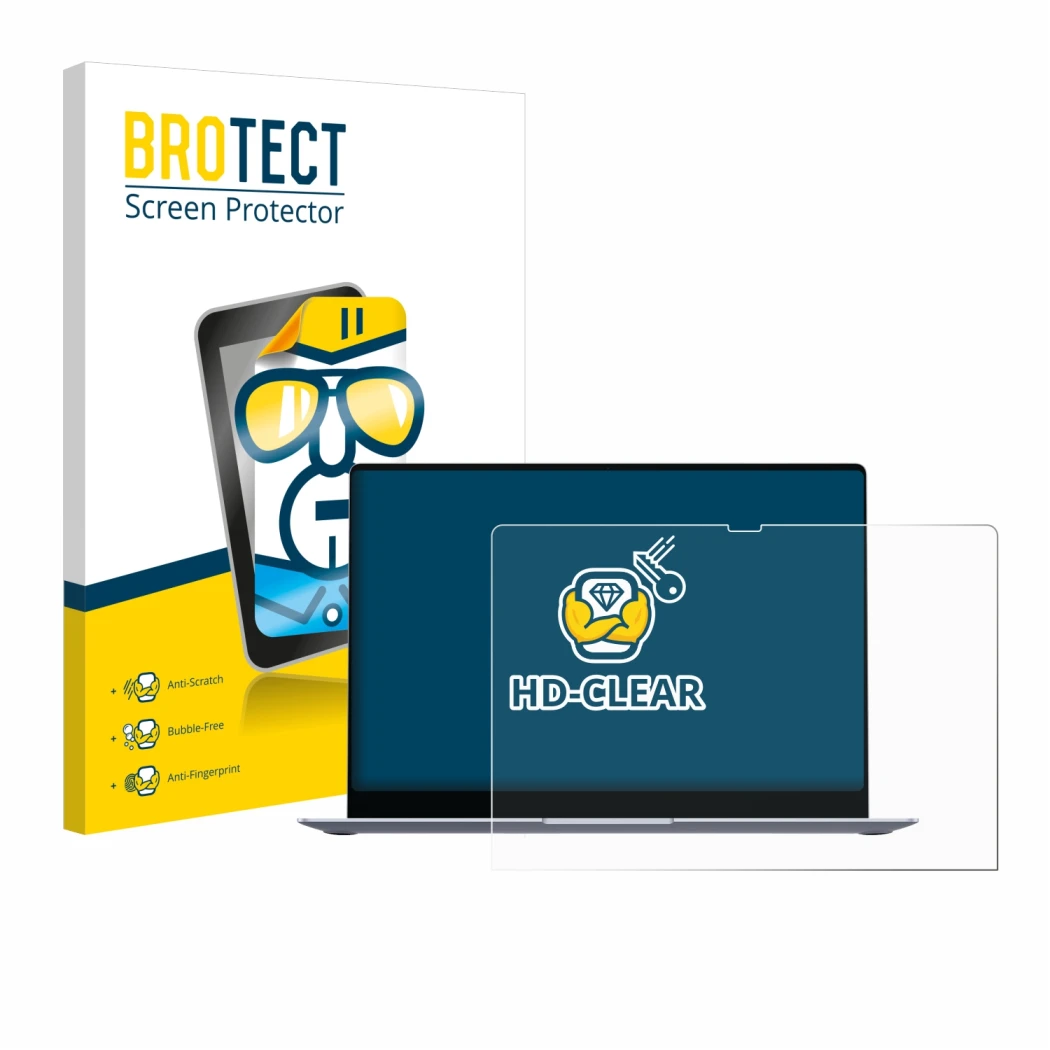 Face avant d’un emballage produit avec le logo de la marque BROTECT. À côté, l’appareil Samsung Galaxy Book4 Edge 16