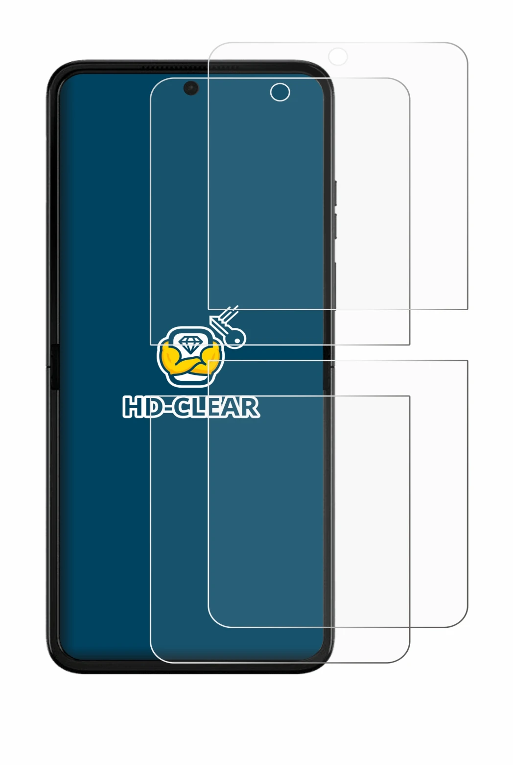Image de l'appareil Motorola Razr 50 Ultra avec une grande variété de protections d'écran.