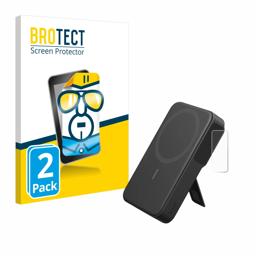 Face avant d’un emballage produit avec le logo de la marque BROTECT. À côté, l’appareil Anker MagGo est représenté avec la pro
