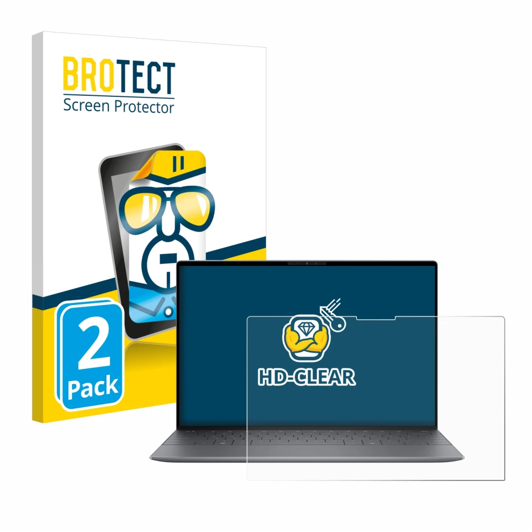 Face avant d’un emballage produit avec le logo de la marque BROTECT. À côté, l’appareil Dell XPS 13 9345 est représenté avec l