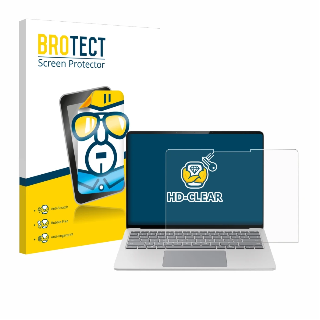 Face avant d’un emballage produit avec le logo de la marque BROTECT. À côté, l’appareil Microsoft Surface Laptop 7 15