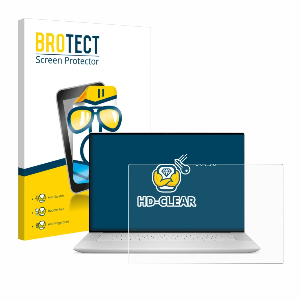 Face avant d’un emballage produit avec le logo de la marque BROTECT. À côté, l’appareil Dell XPS 16 9640 est représenté avec l