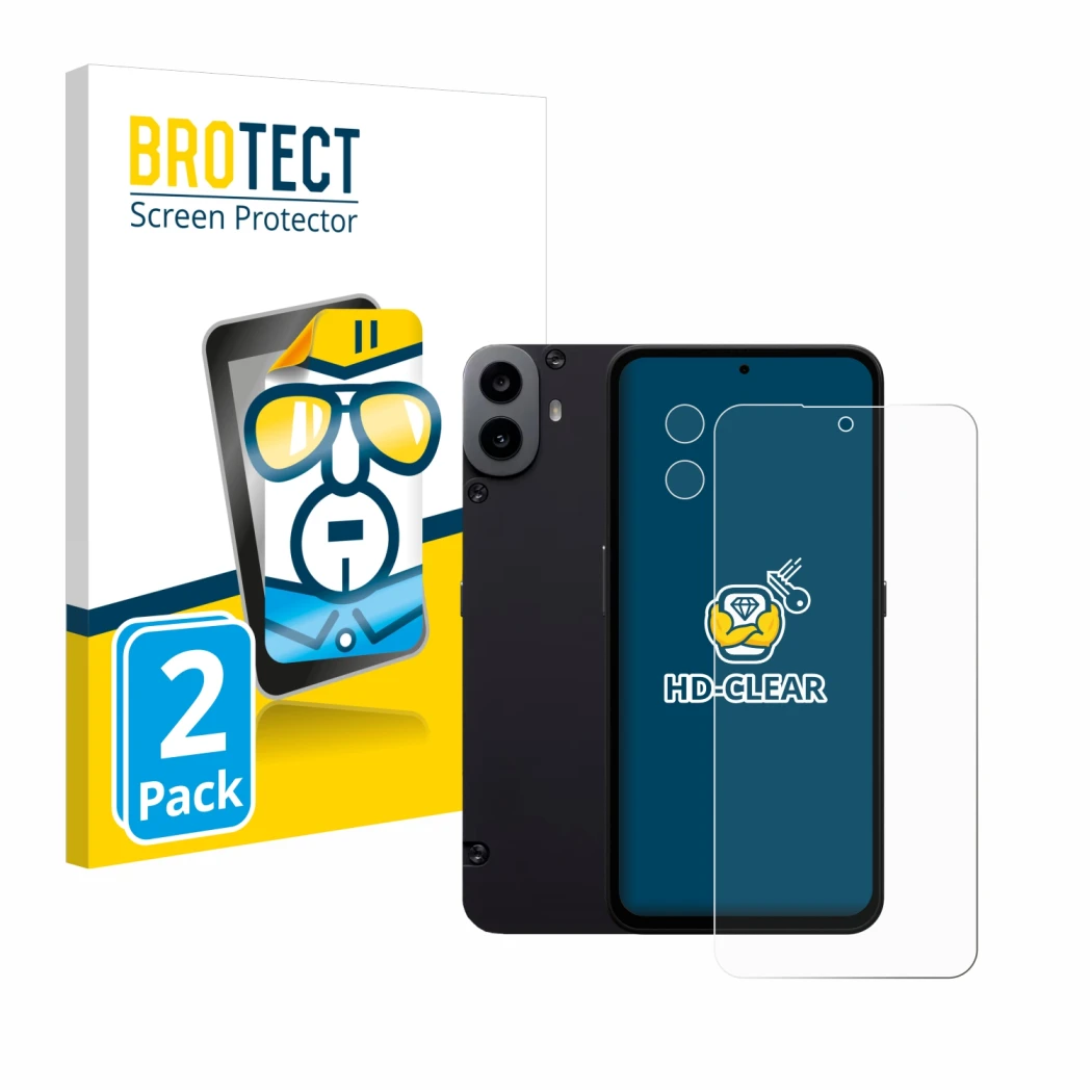 Face avant d’un emballage produit avec le logo de la marque BROTECT. À côté, l’appareil Nothing CMF Phone 1 (Avant+Caméra) est