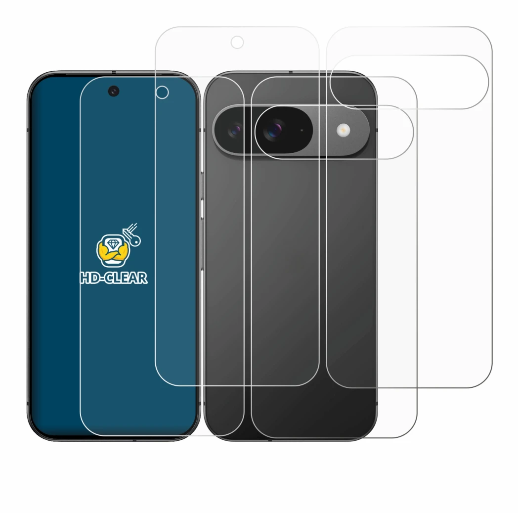 Image de l'appareil Google Pixel 9 (Avant+Arrière) avec une grande variété de protections d'écran.