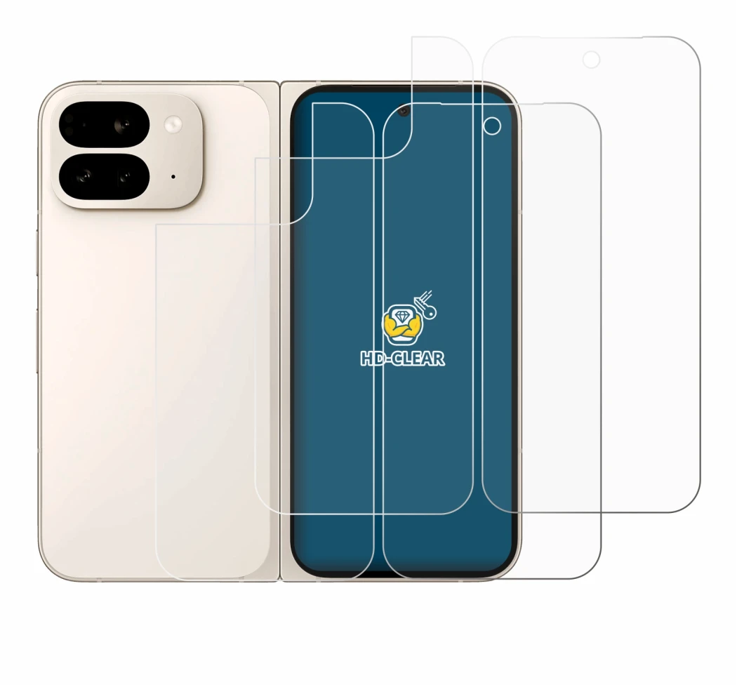 Image de l'appareil Google Pixel 9 Pro Fold (Avant+Arrière) avec une grande variété de protections d'écran.
