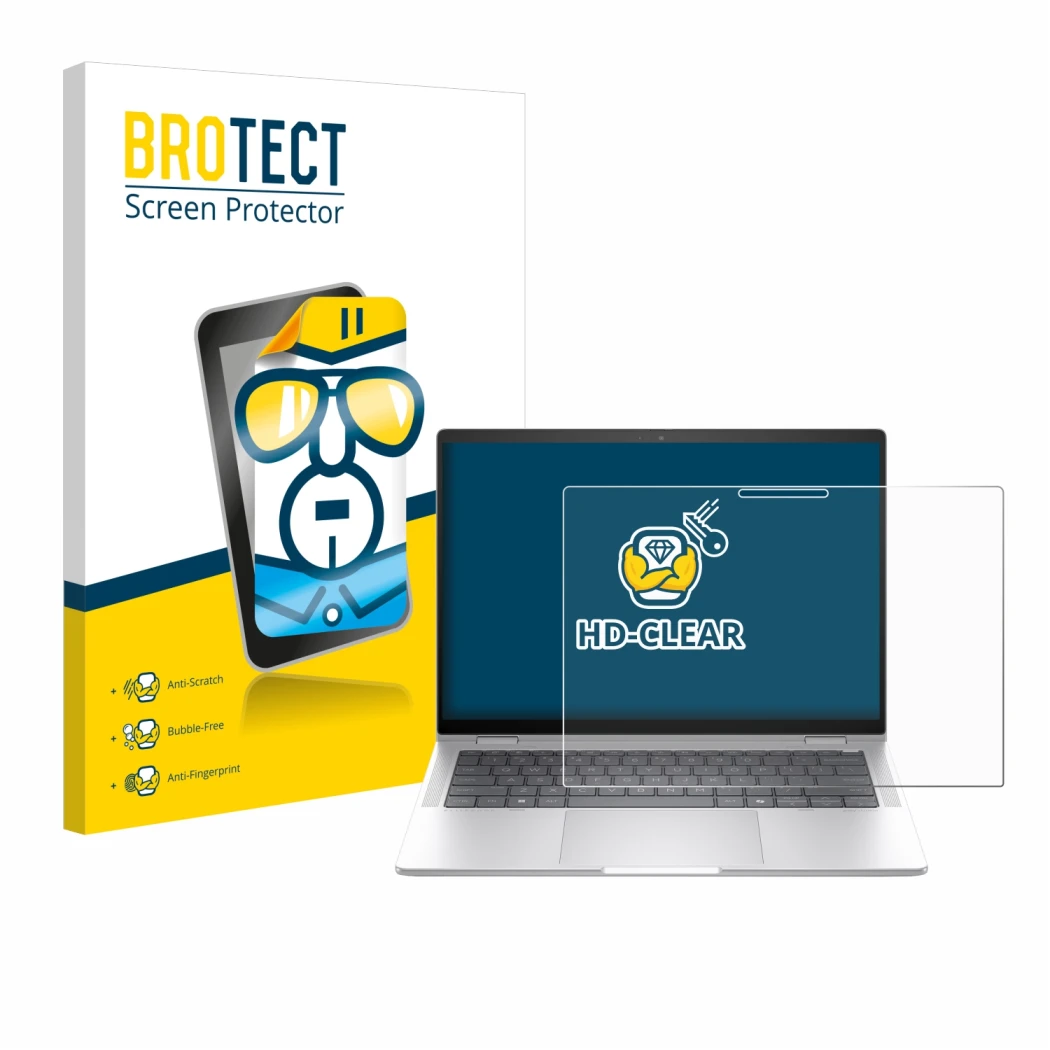 Face avant d’un emballage produit avec le logo de la marque BROTECT. À côté, l’appareil HP EliteBook x360 1040 14 G11 2-in-1 e