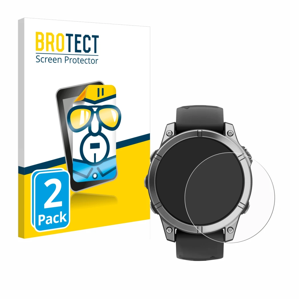 Face avant d’un emballage produit avec le logo de la marque BROTECT. À côté, l’appareil Garmin Fenix E est représenté avec la 
