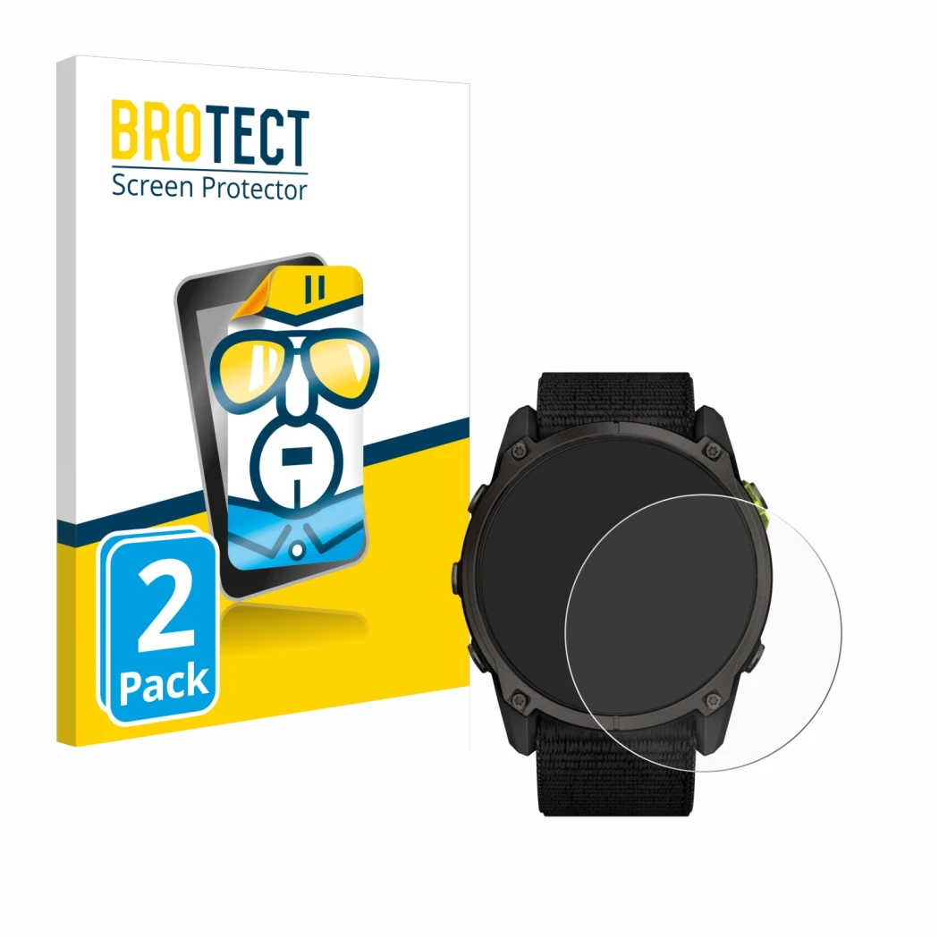 Face avant d’un emballage produit avec le logo de la marque BROTECT. À côté, l’appareil Garmin Enduro 3 est représenté avec la