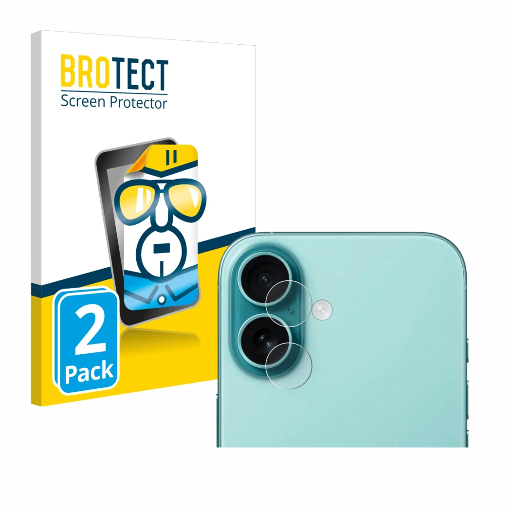 Face avant d’un emballage produit avec le logo de la marque BROTECT. À côté, l’appareil Apple iPhone 16 Plus (Caméra UNIQUEMEN