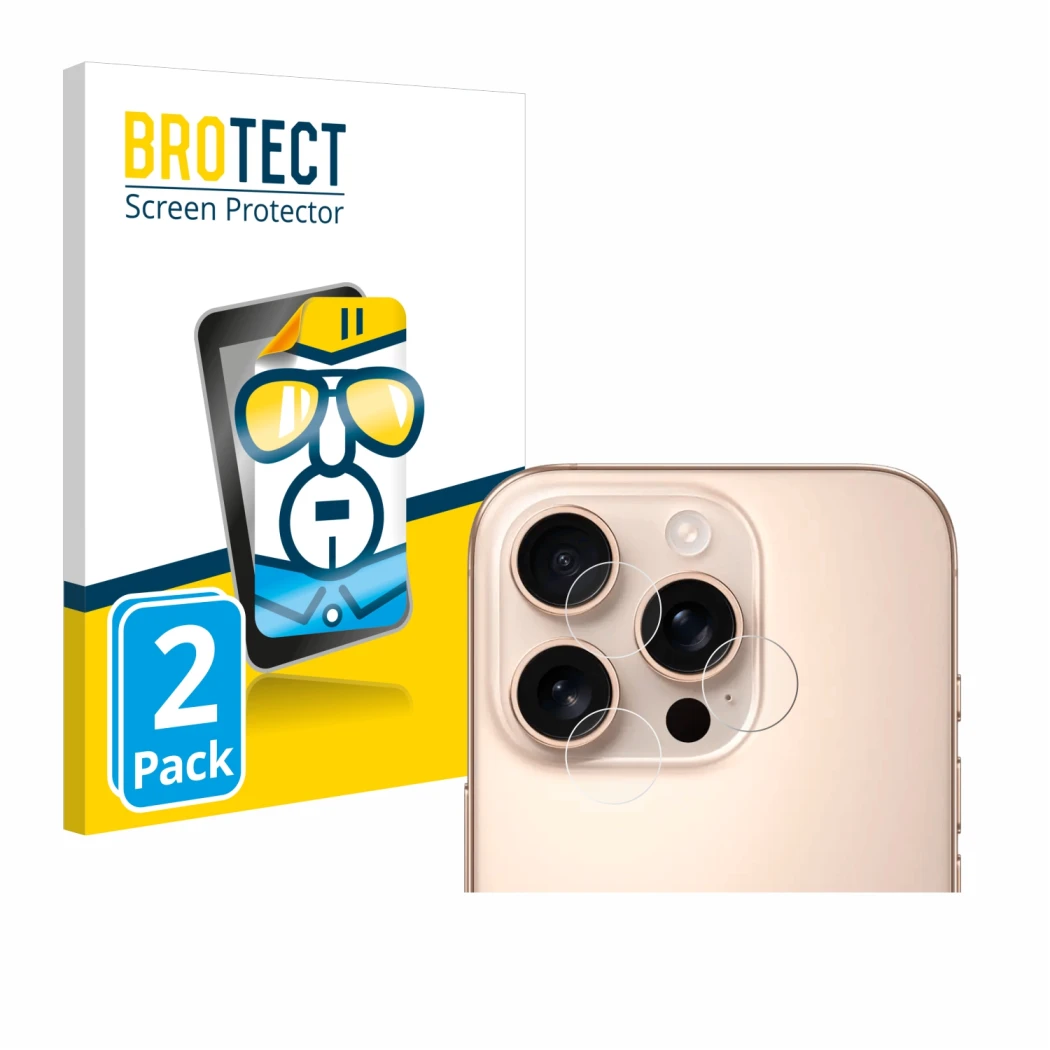 Face avant d’un emballage produit avec le logo de la marque BROTECT. À côté, l’appareil Apple iPhone 16 Pro Max (Caméra UNIQUE