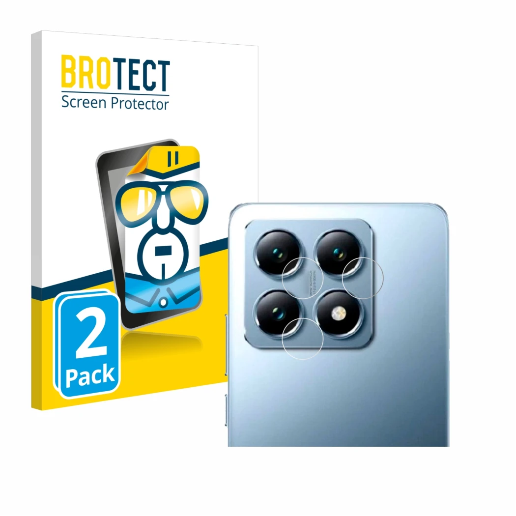 Face avant d’un emballage produit avec le logo de la marque BROTECT. À côté, l’appareil Xiaomi 14T Pro (Caméra UNIQUEMENT) est
