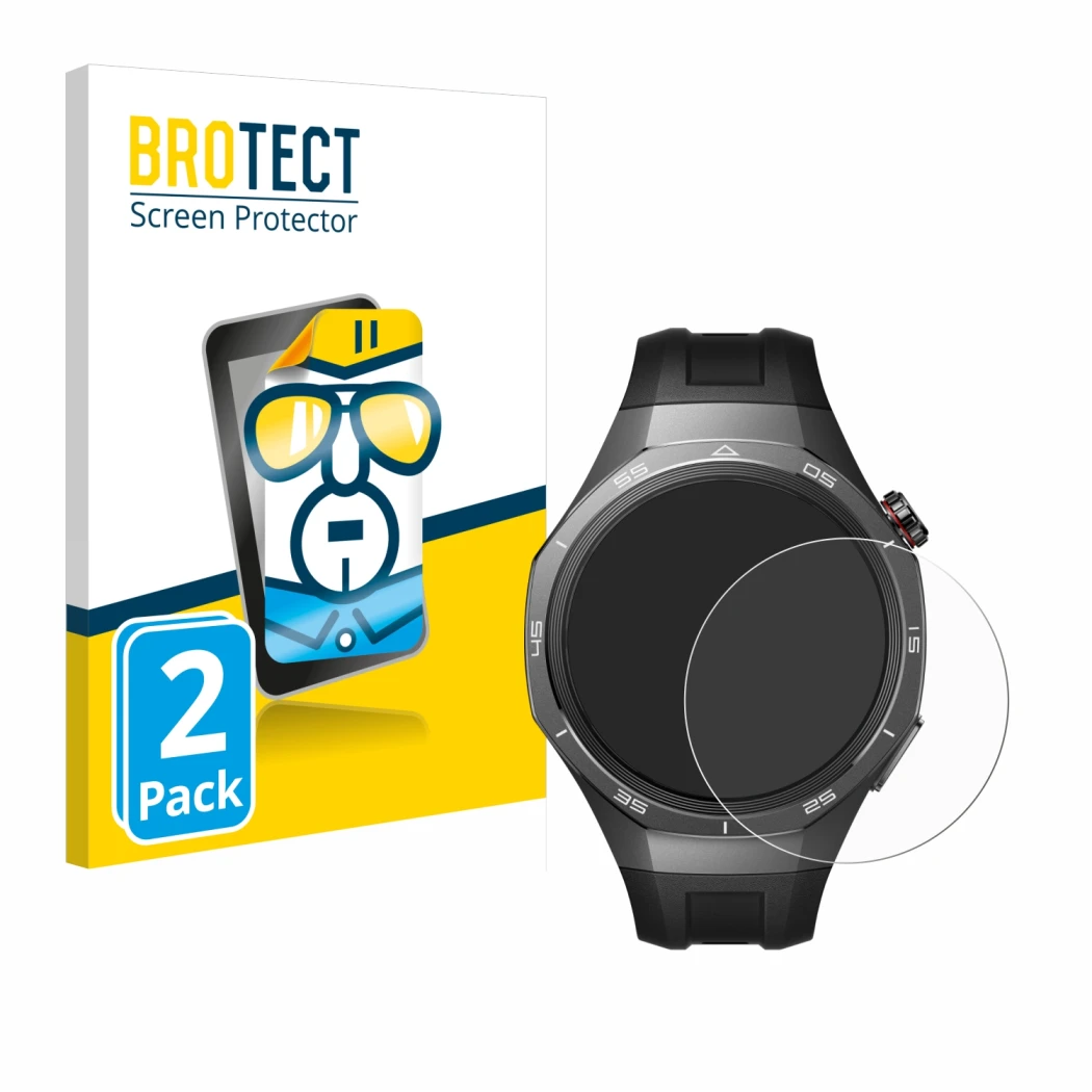 Face avant d’un emballage produit avec le logo de la marque BROTECT. À côté, l’appareil Huawei Watch GT 5 Pro (46 mm) est repr
