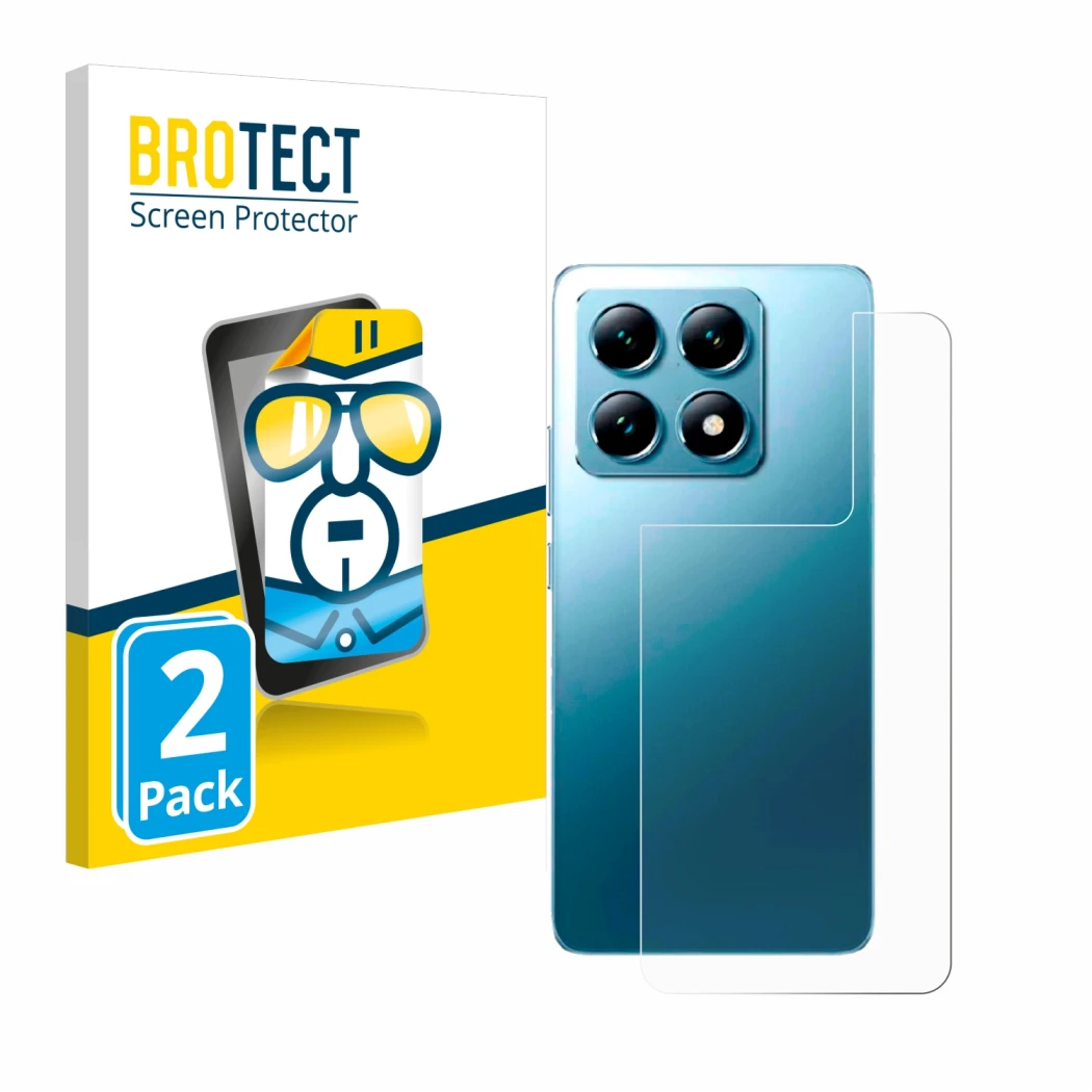 Face avant d’un emballage produit avec le logo de la marque BROTECT. À côté, l’appareil Xiaomi 14T (Arrière) est représenté av