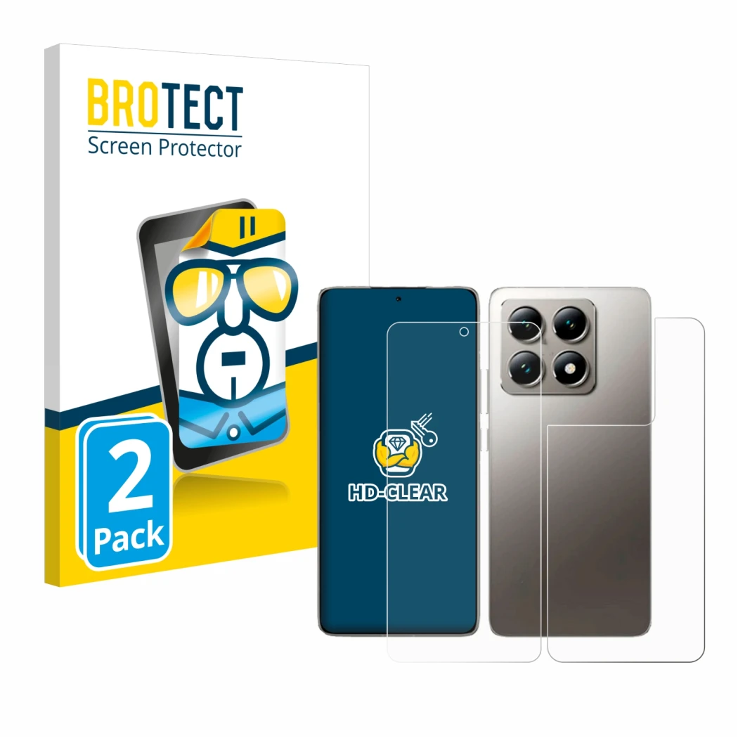 Face avant d’un emballage produit avec le logo de la marque BROTECT. À côté, l’appareil Xiaomi 14T (Avant+Arrière) est représe