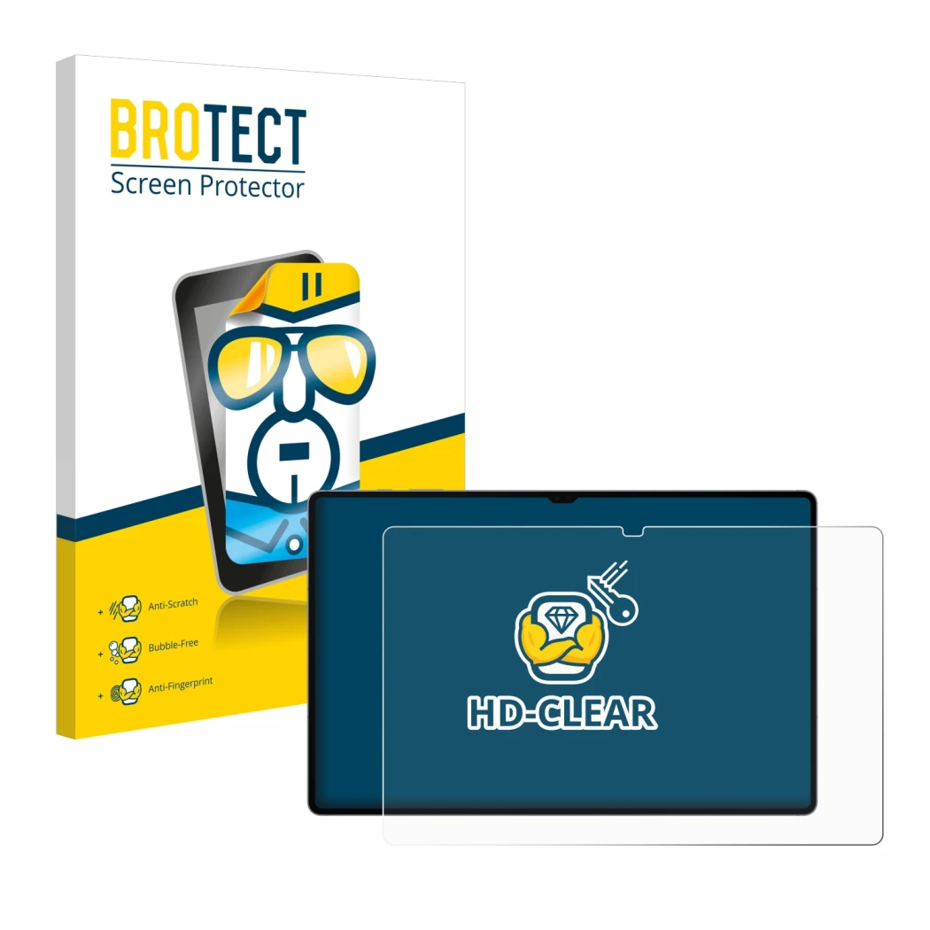 Face avant d’un emballage produit avec le logo de la marque BROTECT. À côté, l’appareil Samsung Galaxy Tab S10 Ultra 5G est re