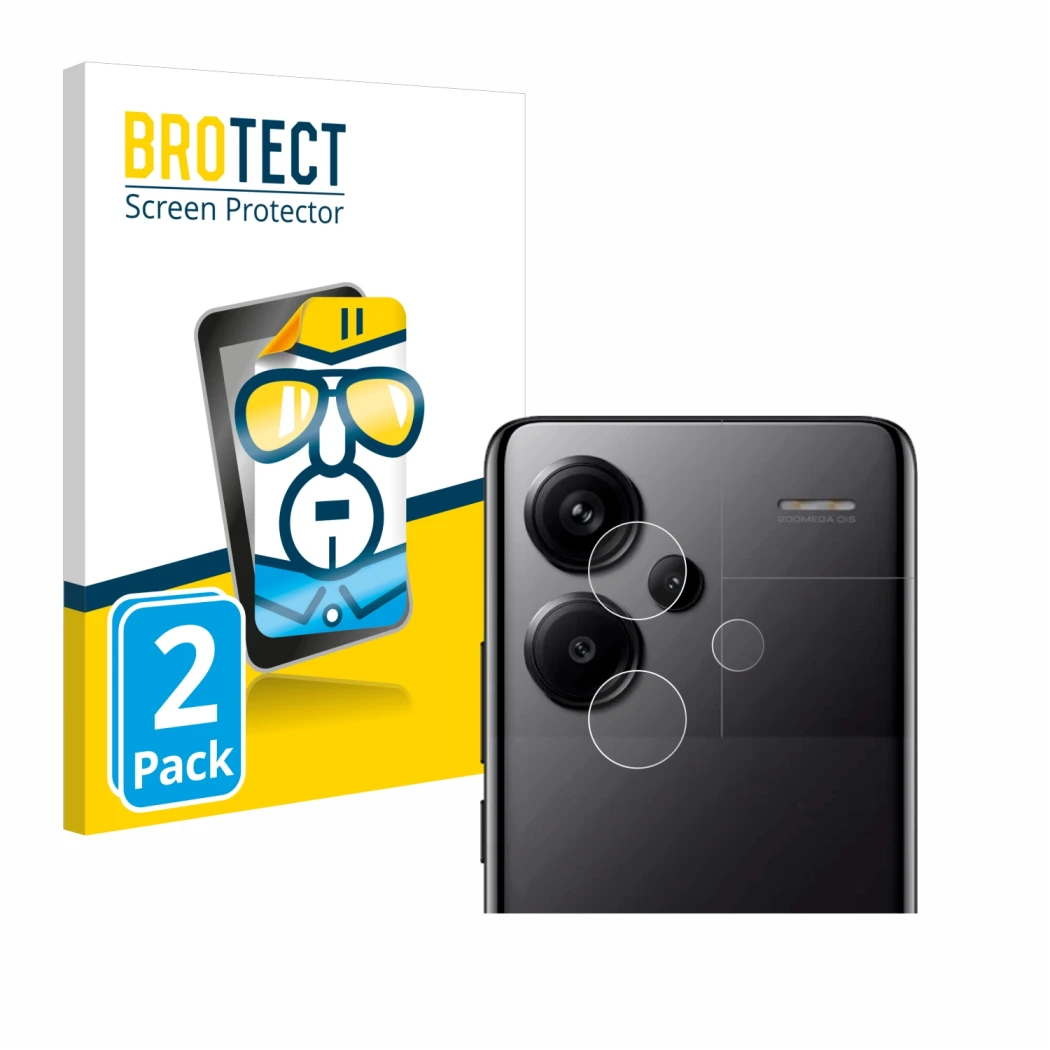 Face avant d’un emballage produit avec le logo de la marque BROTECT. À côté, l’appareil Xiaomi Redmi Note 13 Pro+ 5G (Caméra U