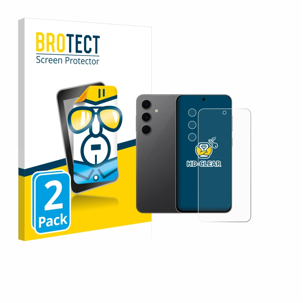 Face avant d’un emballage produit avec le logo de la marque BROTECT. À côté, l’appareil Samsung Galaxy S24 FE (Avant+Caméra) e