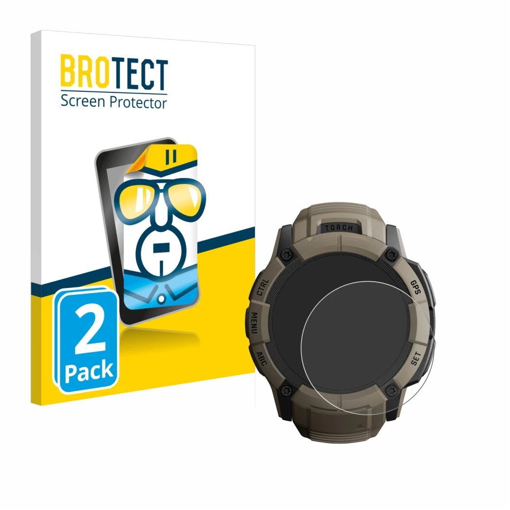 Face avant d’un emballage produit avec le logo de la marque BROTECT. À côté, l’appareil Garmin Instinct 2X Solar Tactical Edit