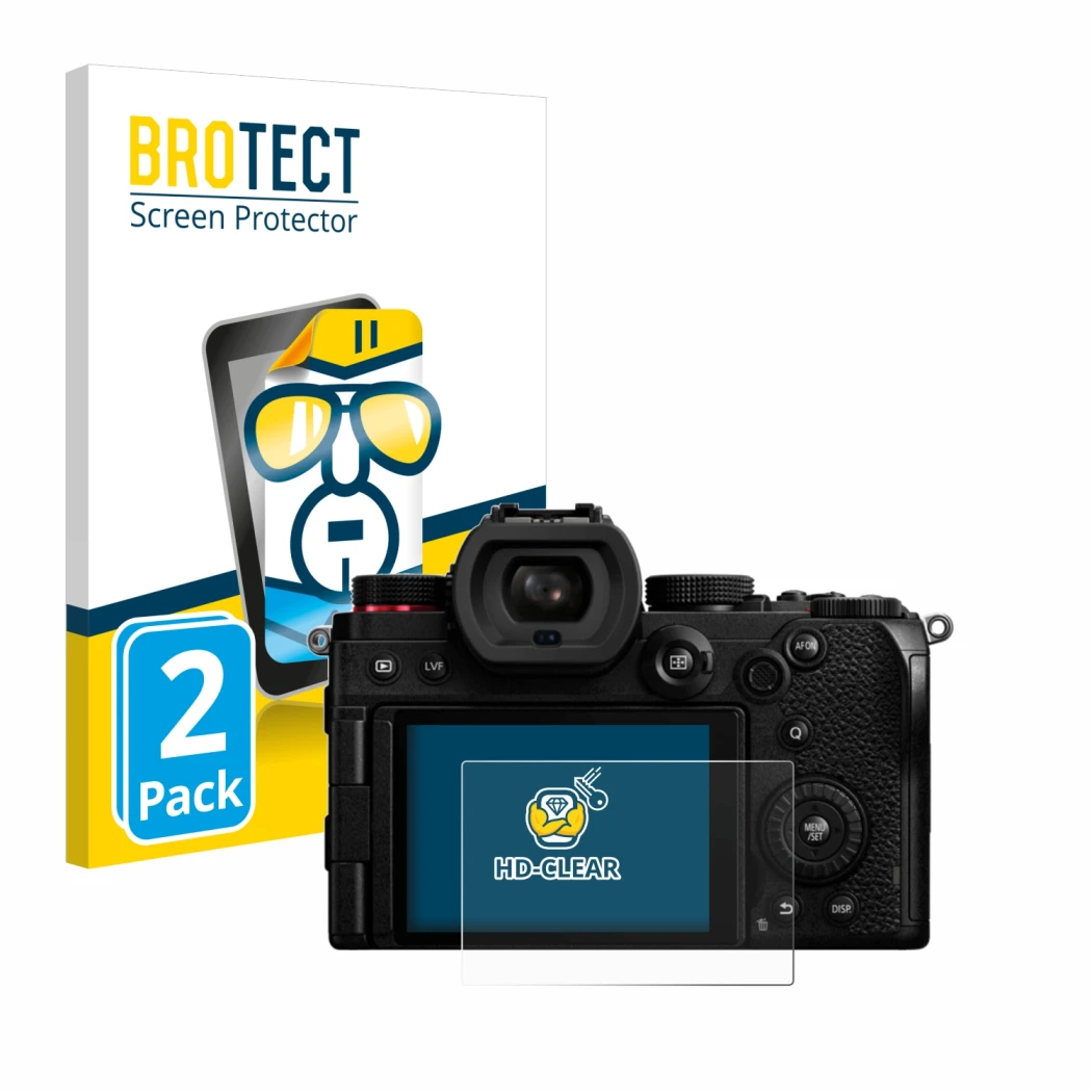 Face avant d’un emballage produit avec le logo de la marque BROTECT. À côté, l’appareil Panasonic Lumix DC-S5D est représenté