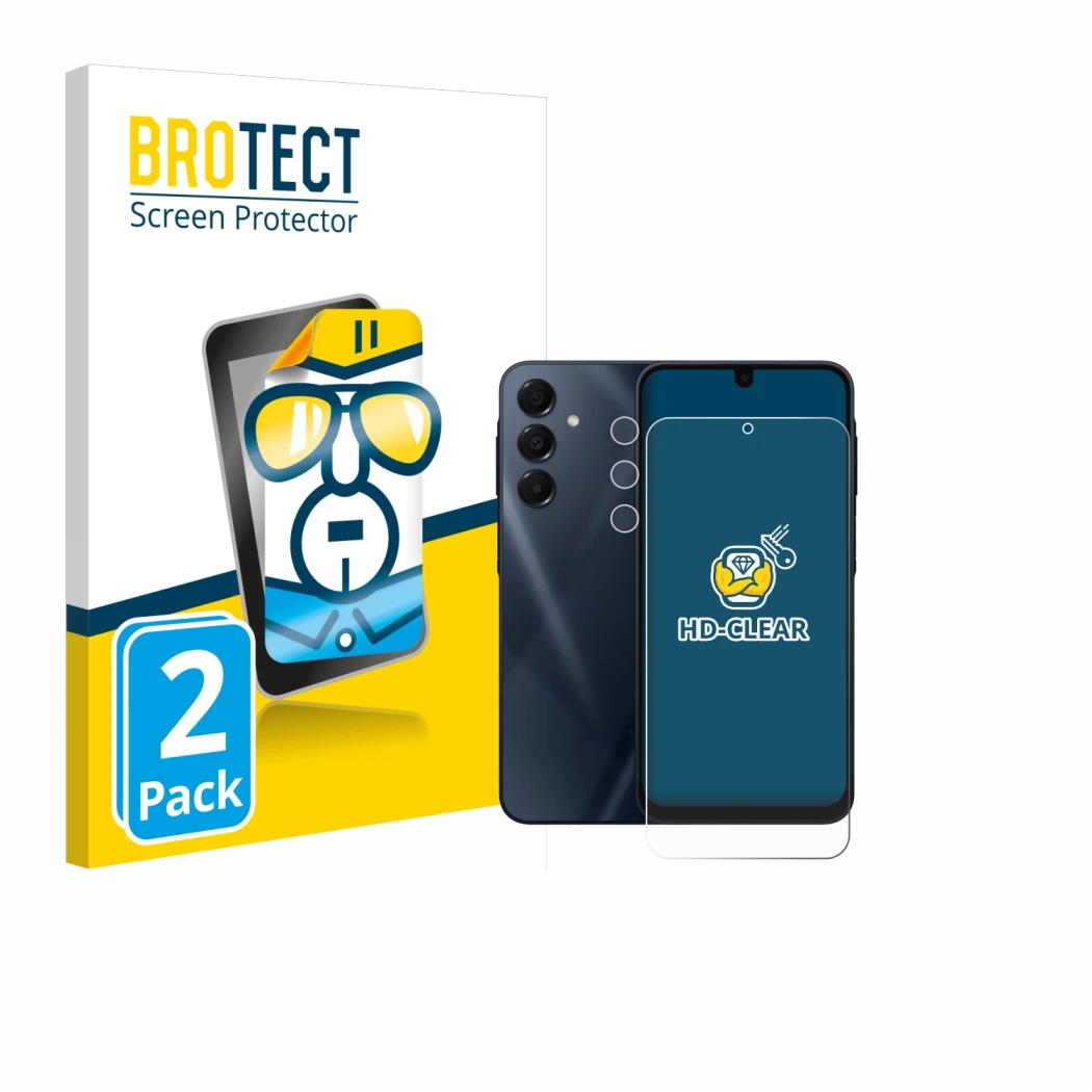 Face avant d’un emballage produit avec le logo de la marque BROTECT. À côté, l’appareil Samsung Galaxy A16 5G (Avant+Caméra) e